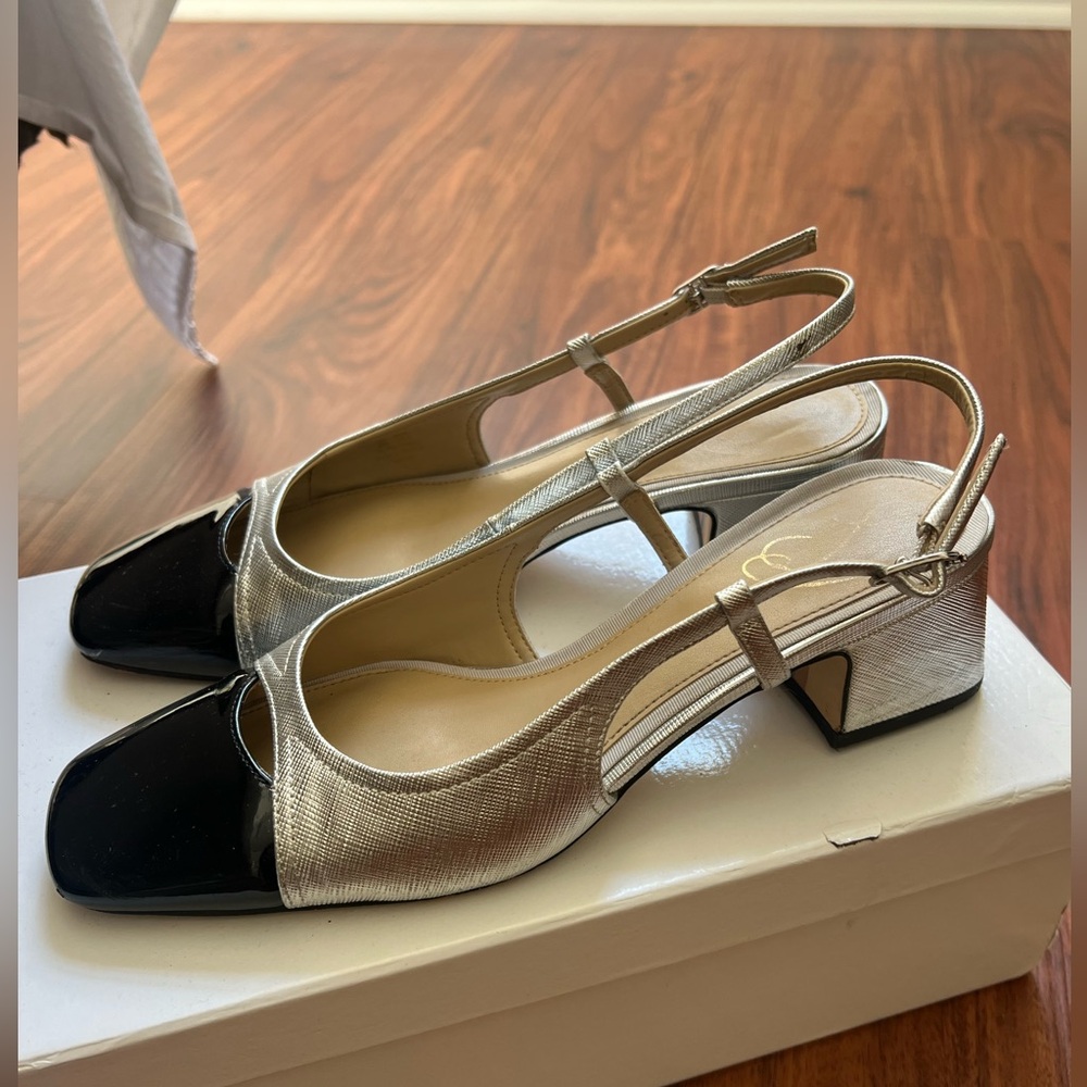Silver block heel slingbacks